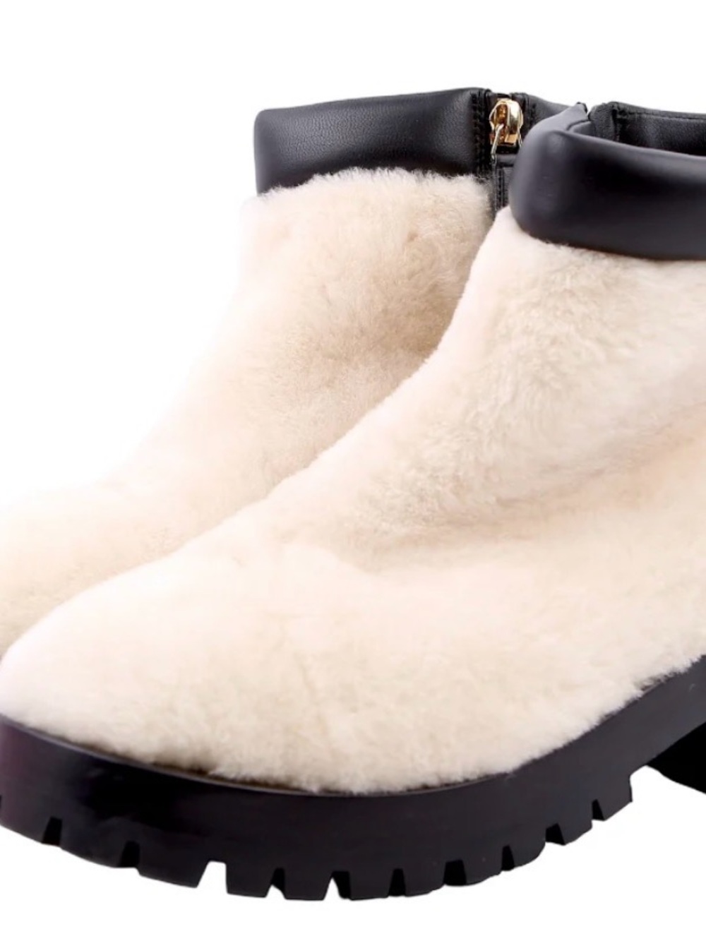CHANEL Cream Shearling Ankle Boots with Black Leather Trim